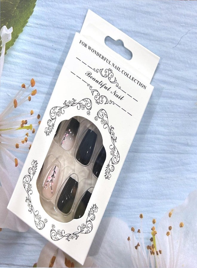 CJDLTS Flower Press on Nails Medium Ballet Shaped Black Gradient Artificial Fingernails Pink Plum Bossom Pattern Design Press Acrylic Fake Nail Full Cover Artificial Stick on Nails for Women Manicure Kit - Image 4